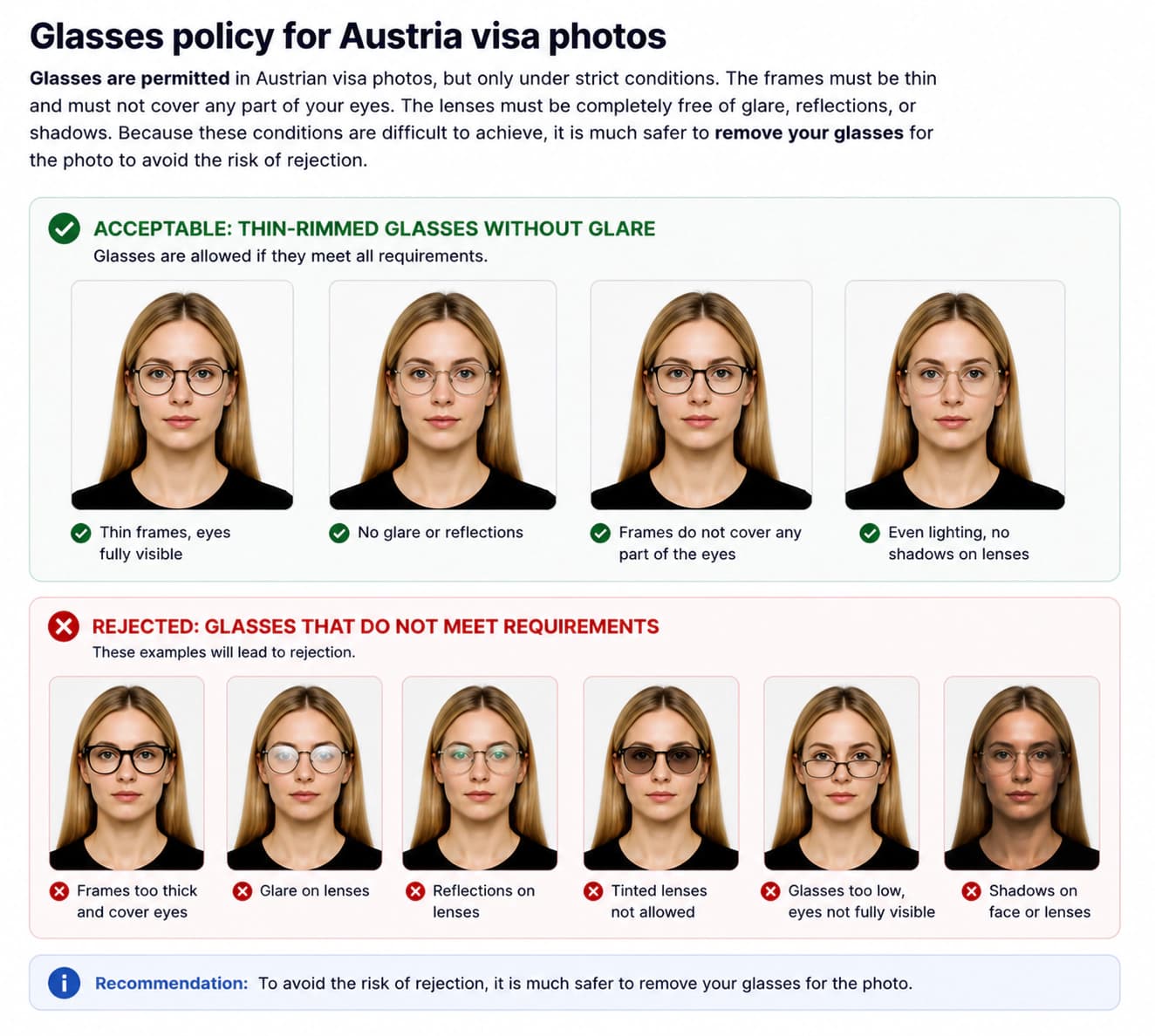 Austria visa photo glasses policy