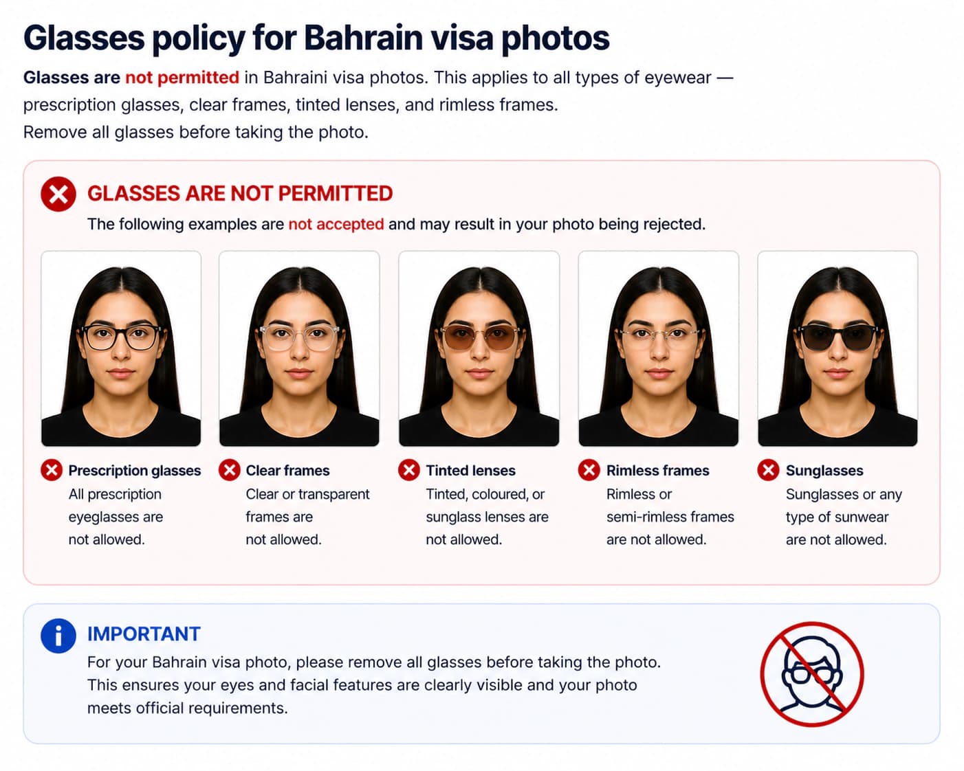 Bahrain visa photo glasses policy showing glasses not permitted