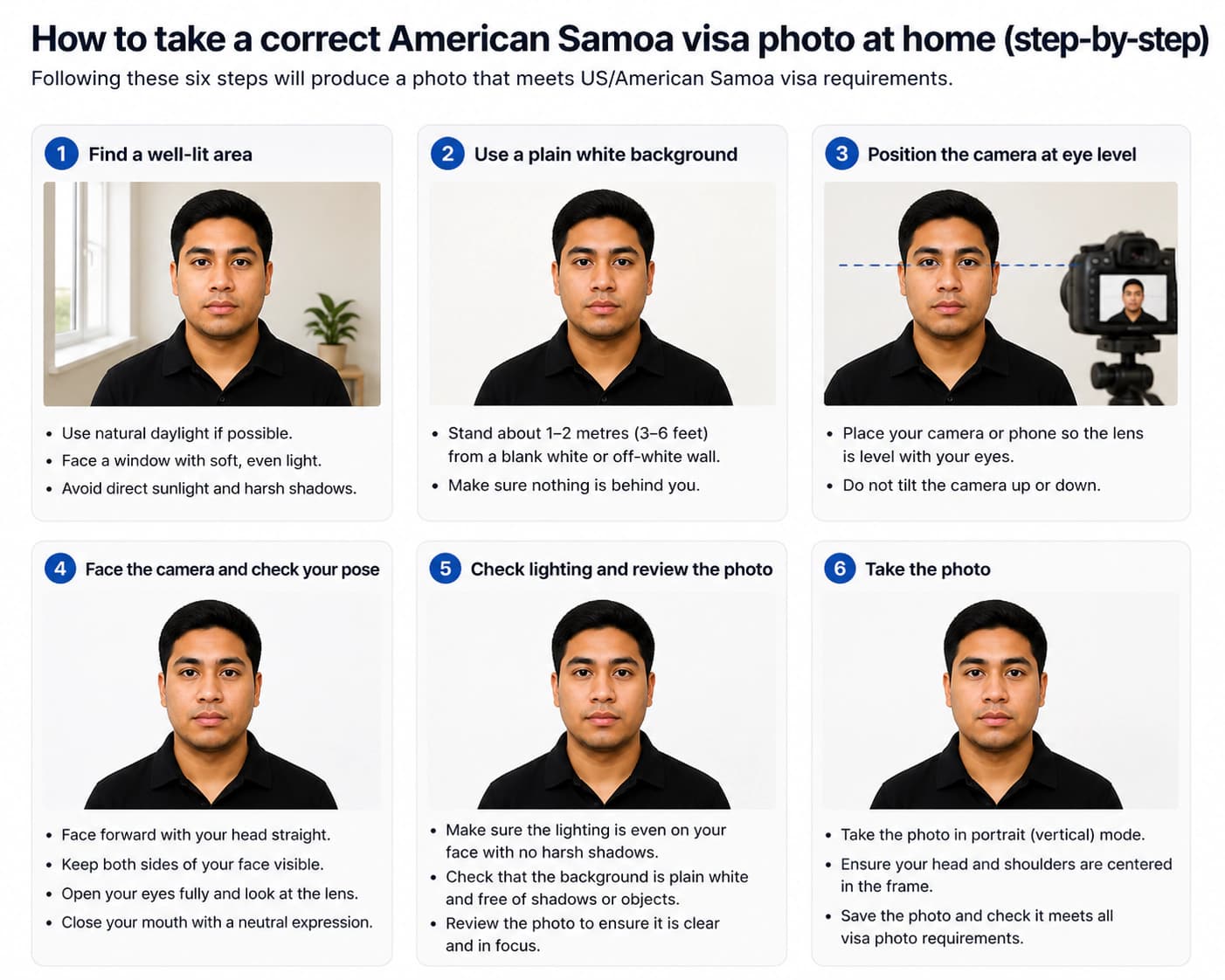 At-home American Samoa visa photo setup with natural daylight, plain white background, camera at eye level, and neutral expression