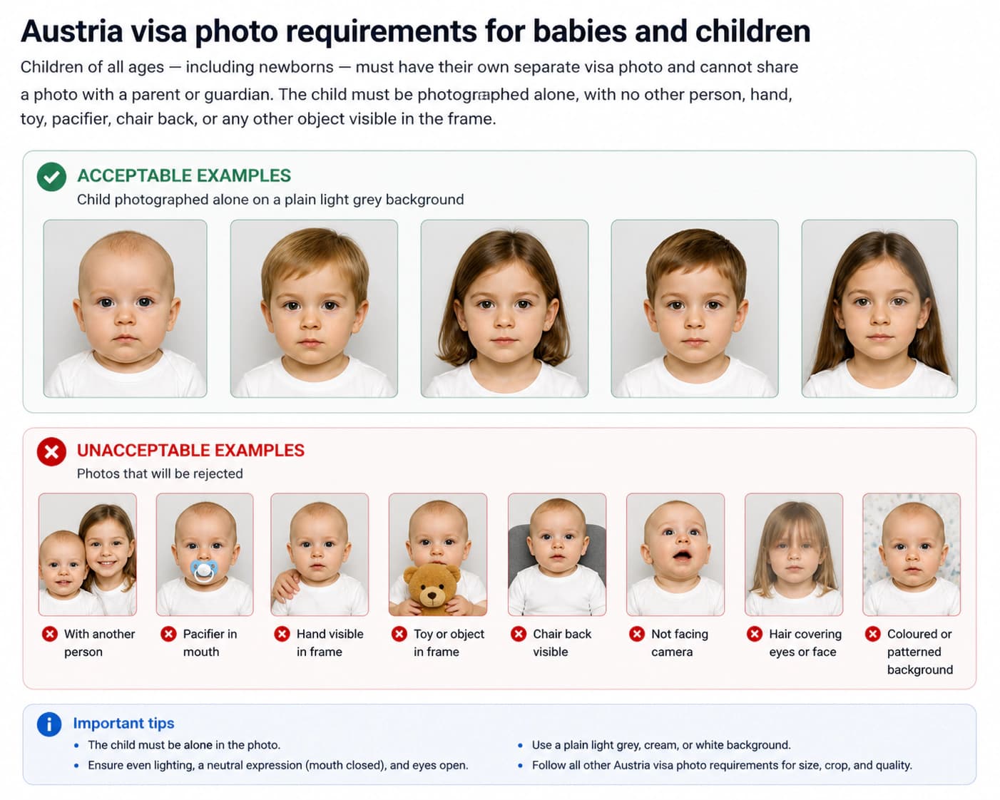 Austria visa photo requirements for babies and children showing a baby on a plain light grey background