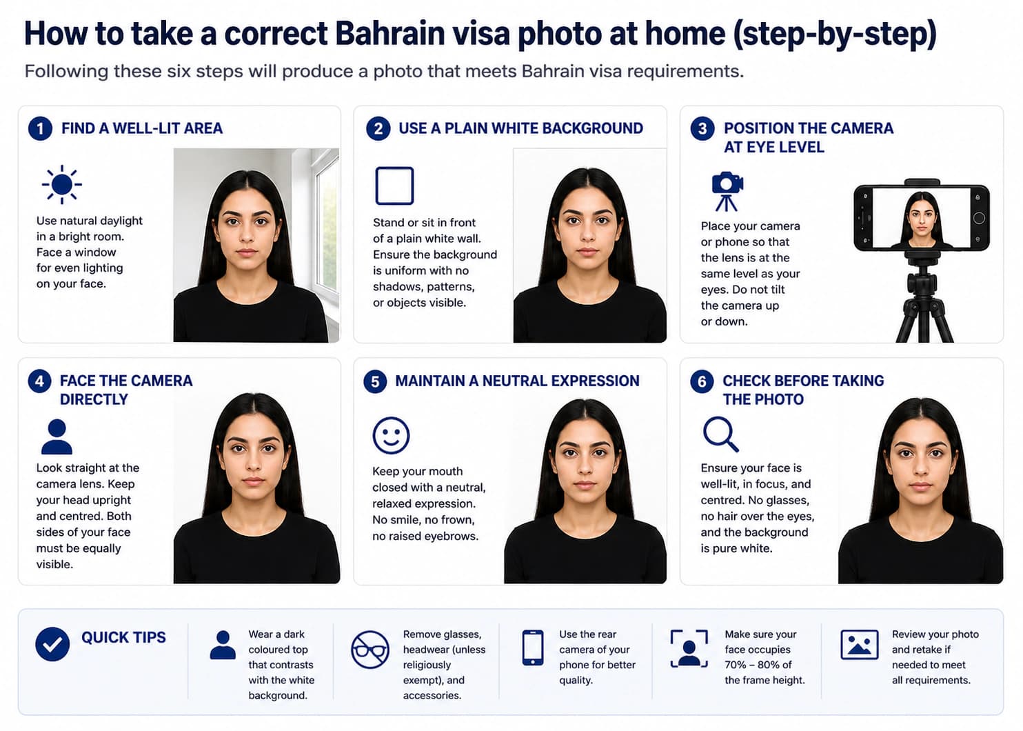 At-home Bahrain visa photo setup with natural daylight, plain white background, camera at eye level, and neutral expression