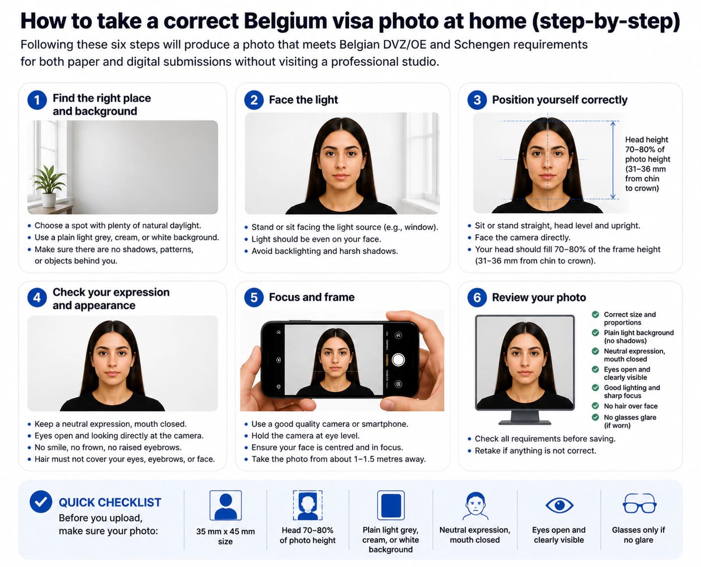 At-home Belgium visa photo setup with natural daylight, plain light grey background, camera at eye level, and neutral expression