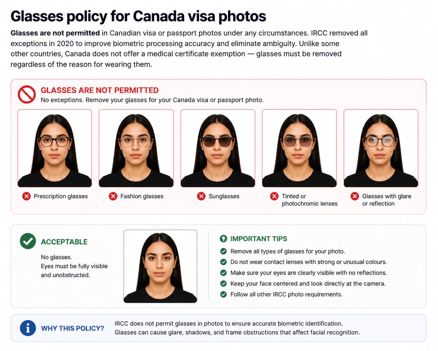 Canada visa photo glasses policy showing glasses not permitted since 2020