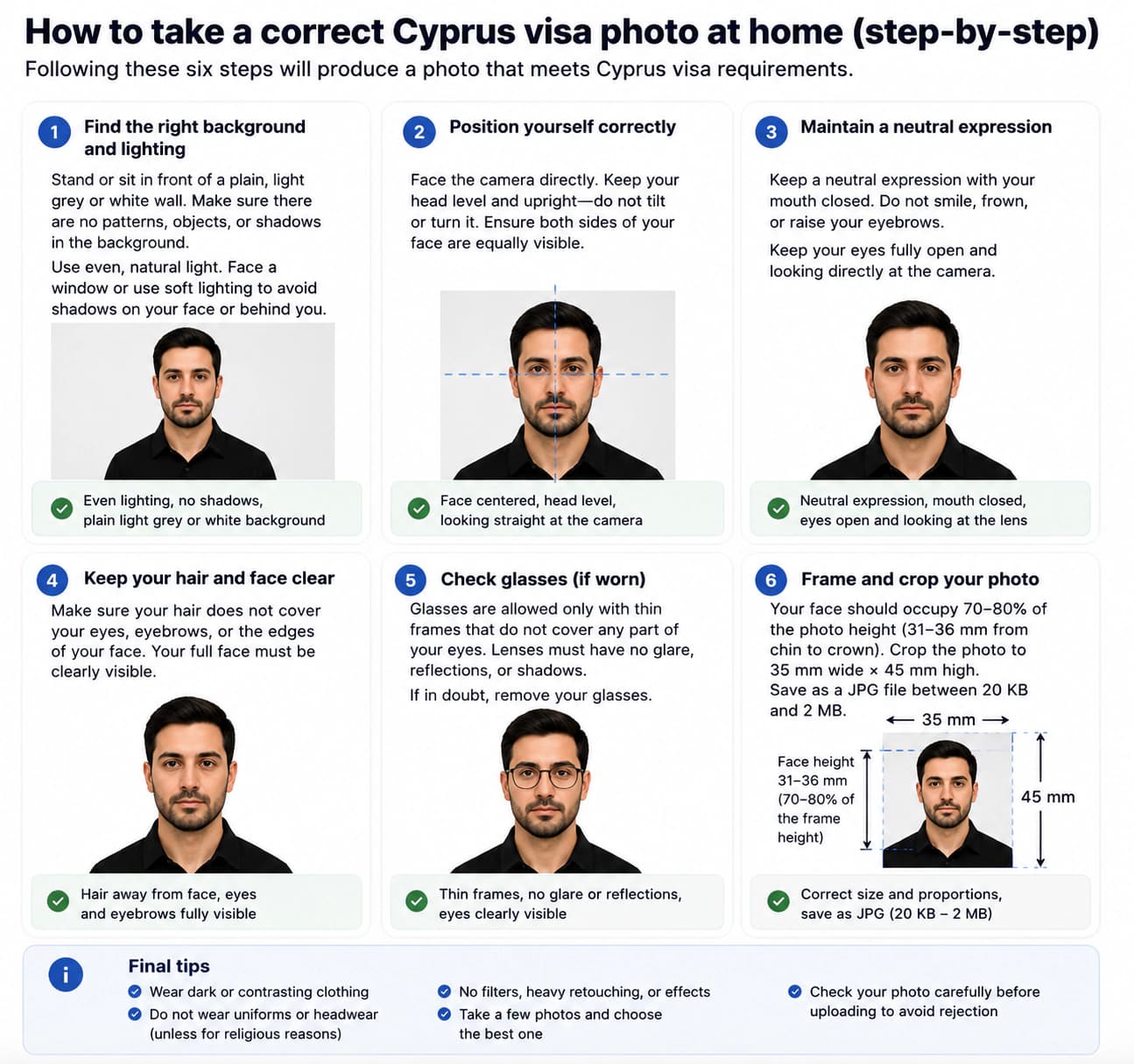 At-home Cyprus visa photo setup with natural daylight, plain light grey background, camera at eye level, and neutral expression