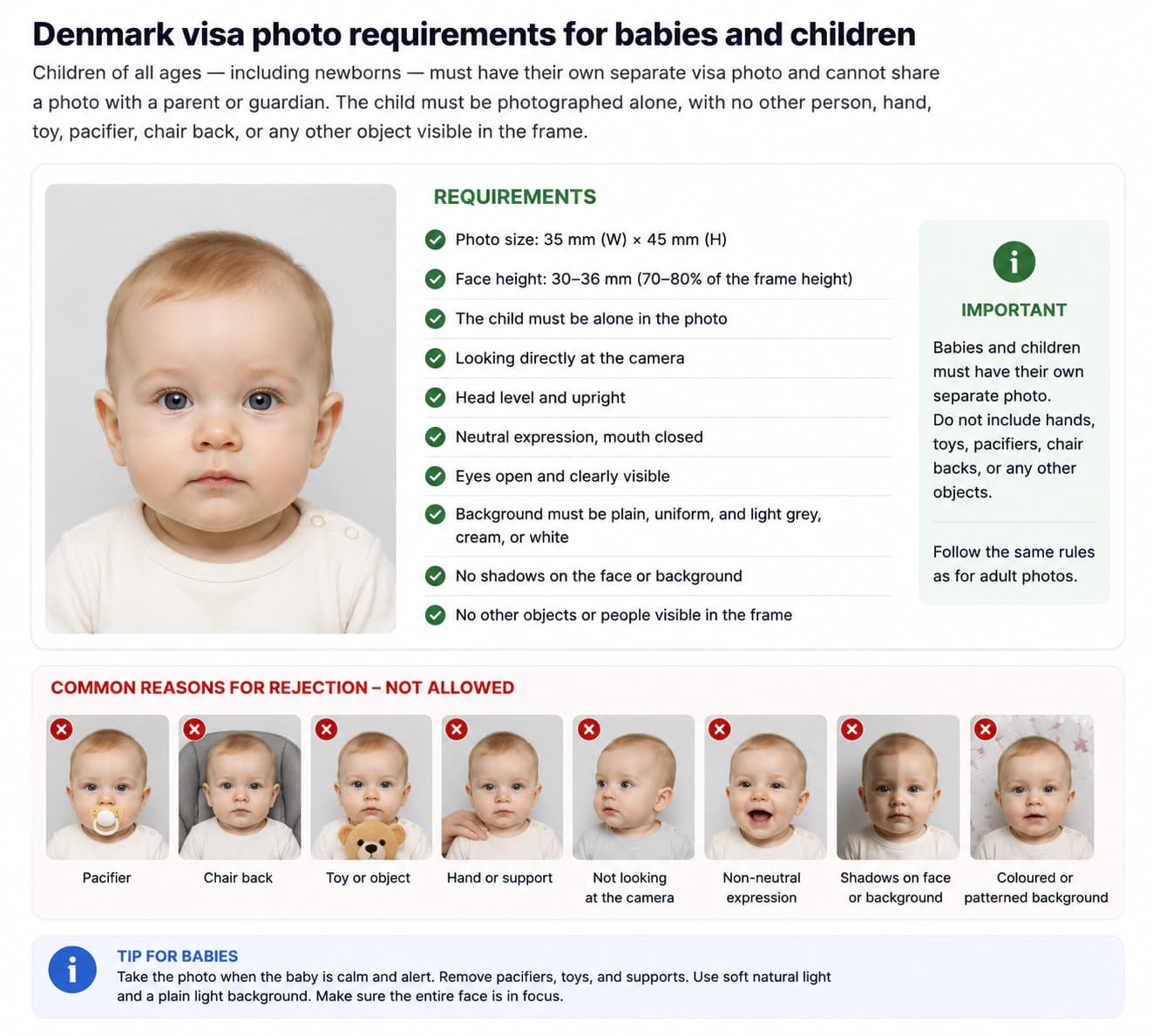 Denmark visa photo requirements for babies and children showing a baby on a plain light grey background