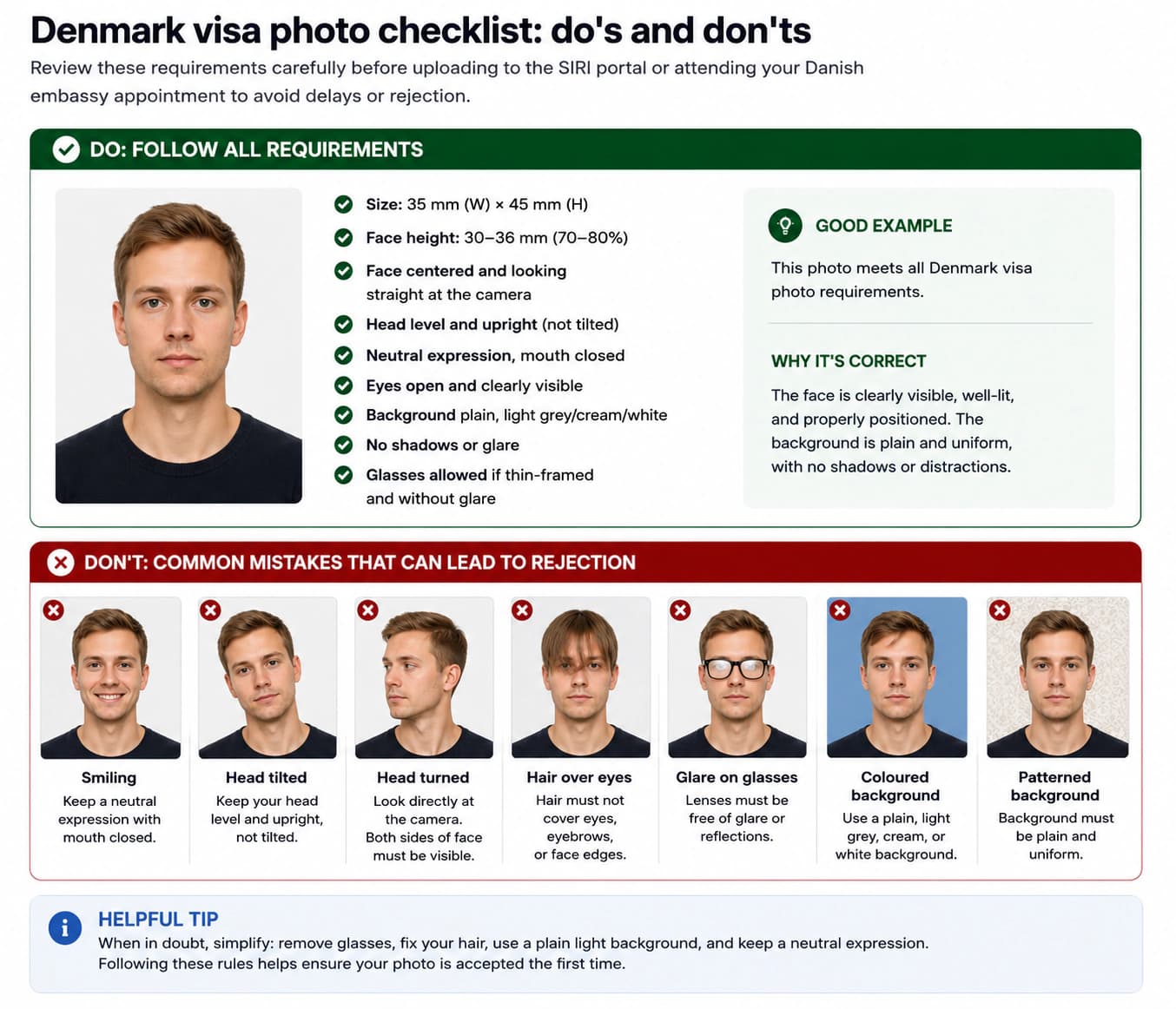 Denmark visa photo checklist with correct examples and rejected mistakes such as smile, tilted head, coloured background, and hair over eyes