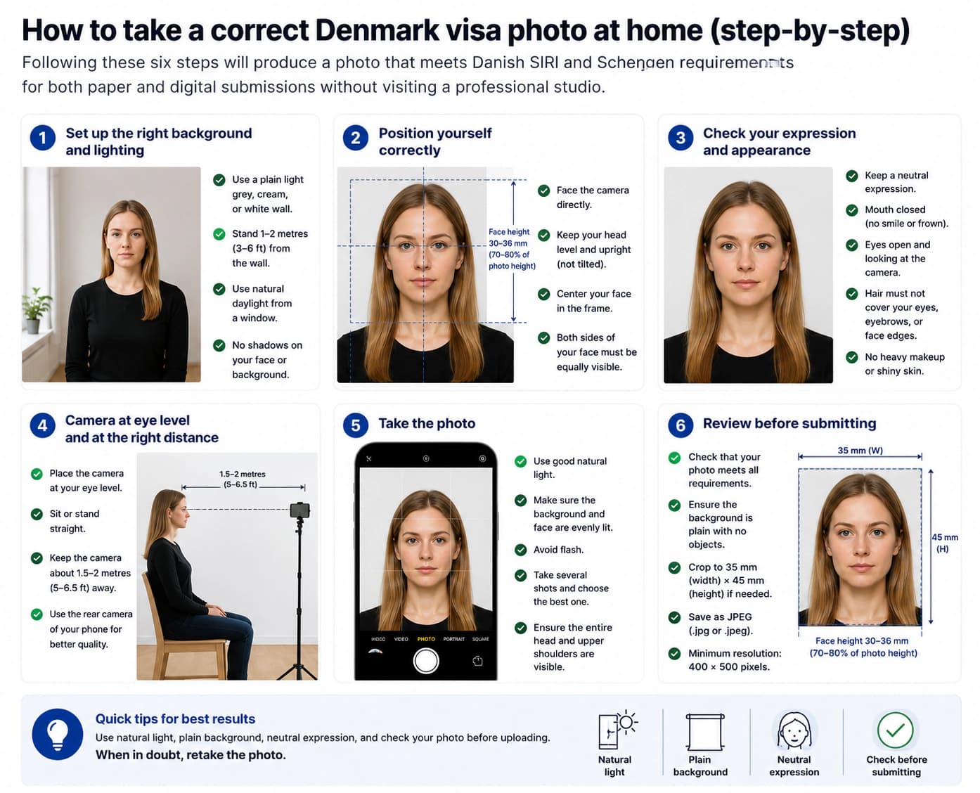 At-home Denmark visa photo setup with natural daylight, plain light grey background, camera at eye level, and neutral expression